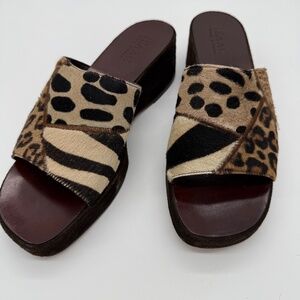 Vintage Isaac Mizrahi Italy Animal Print Fur Wedge Slides 10B Suede Leather Y2K